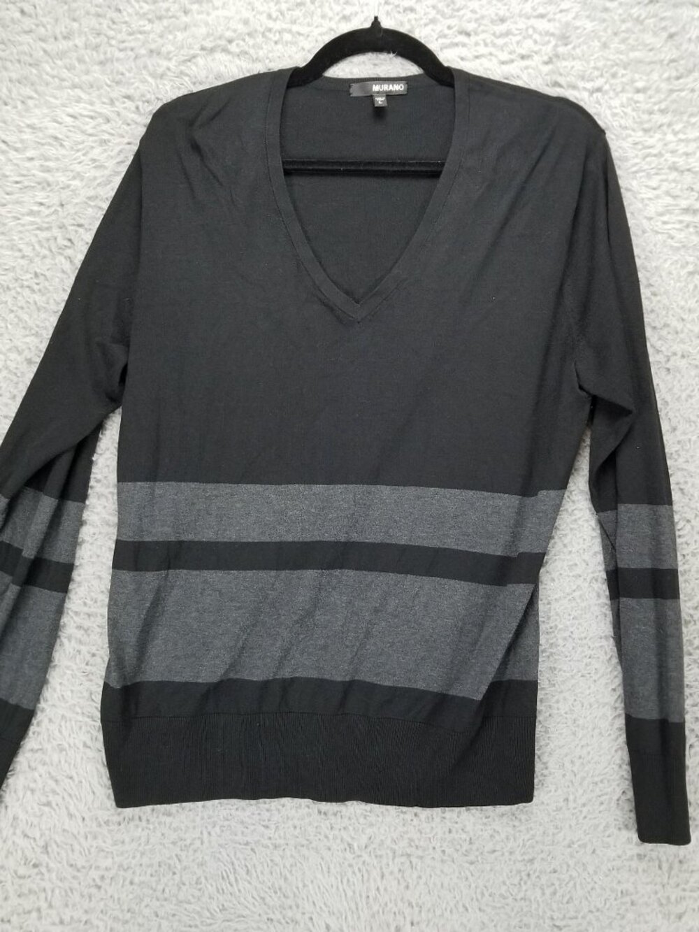 Murano Sweater Mens Large L Black Striped Silk Blend Long Sleeve V Neck